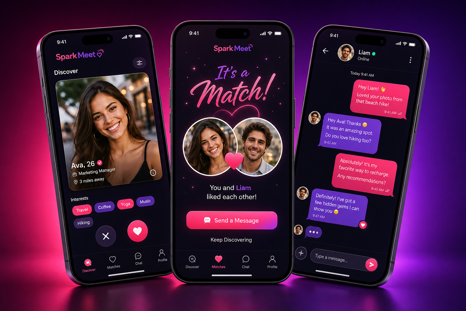 شاشات SparkMeet — اكتشف، تطابق، تحدث